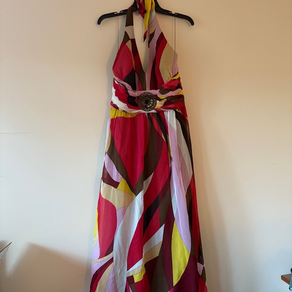 Donna Morgan Silk Halter Maxi Dress Size 12 Multicolor Geometric Gown